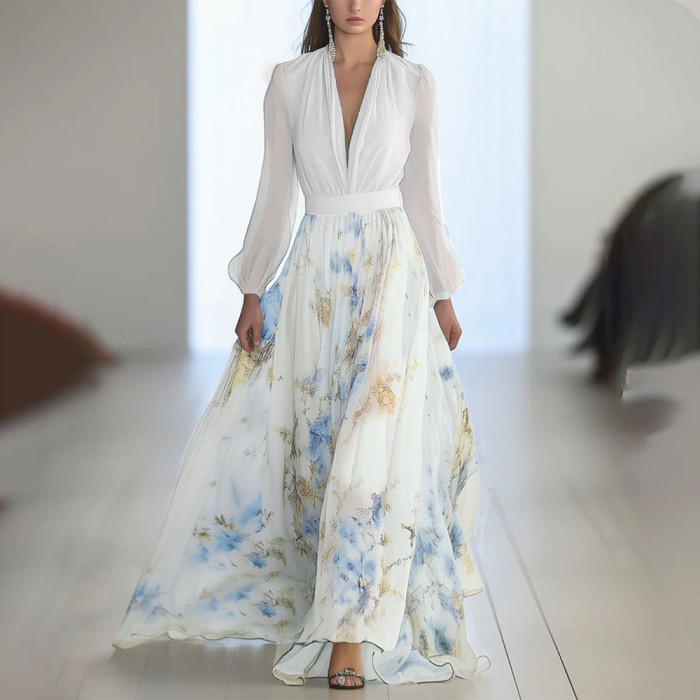 Women's Elegant Fashion Floral Print V-Neck Casual Maxi Dress