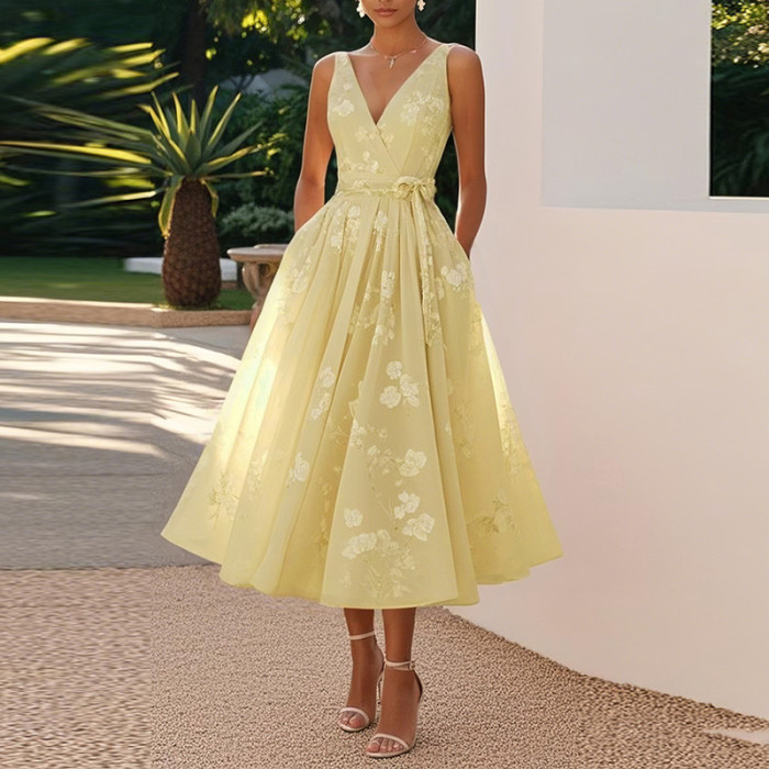 Women's Elegant Print Sexy V-Neck Backless Sleeveless Ball Gown Midi Dress