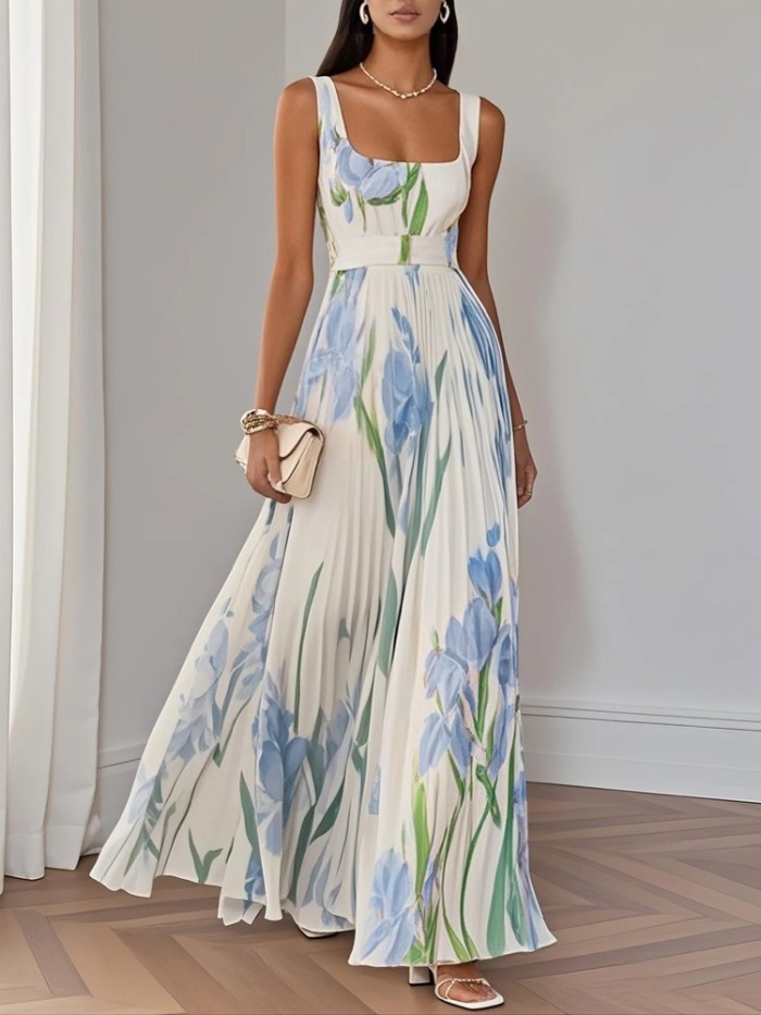 Women's Fashion Elegant Floral Printed Suspender Maxi Dress