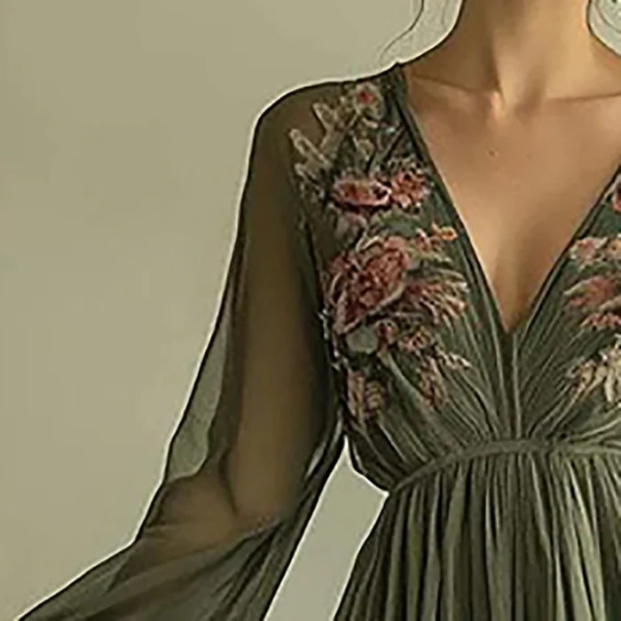 Women's Retro Floral Print V-Neck Ethnic Style Long Sleeve Fashion Maxi Dress