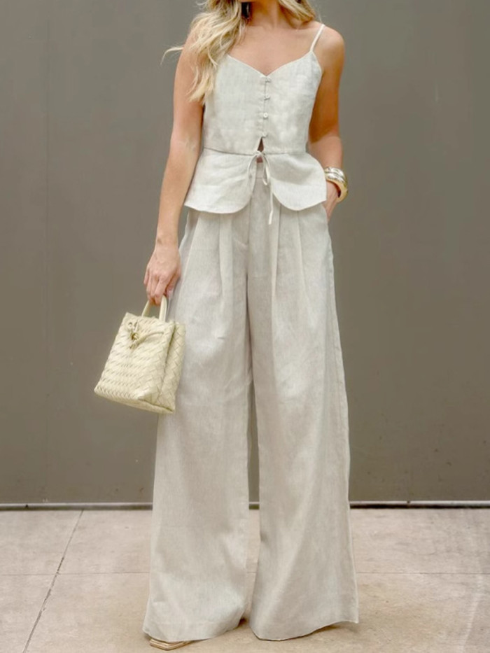 Women's Casual Cotton V-Neck Vest + Wide-Leg Pants Two-Piece Set