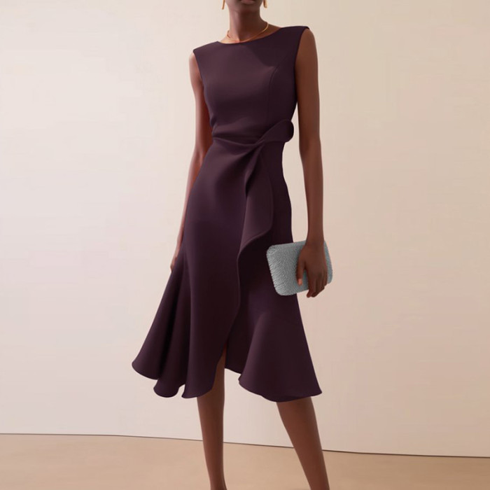 Women's Elegant Solid Color Slim Fit Ruffled Irregular Dress