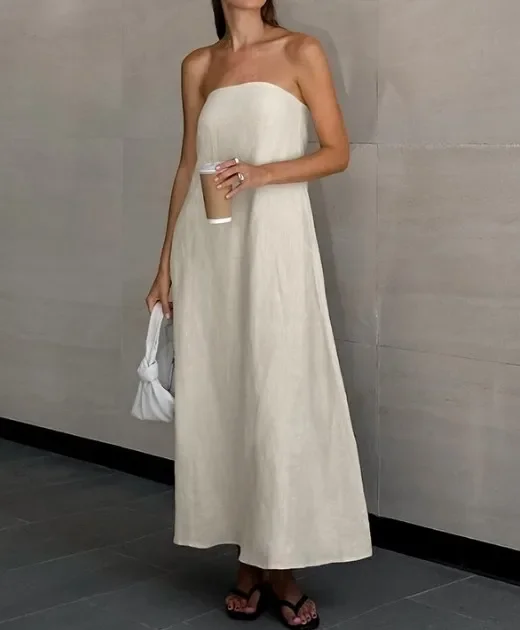 Elegant Fashion Off Shoulder Sexy Holiday Cotton and Linen Dress