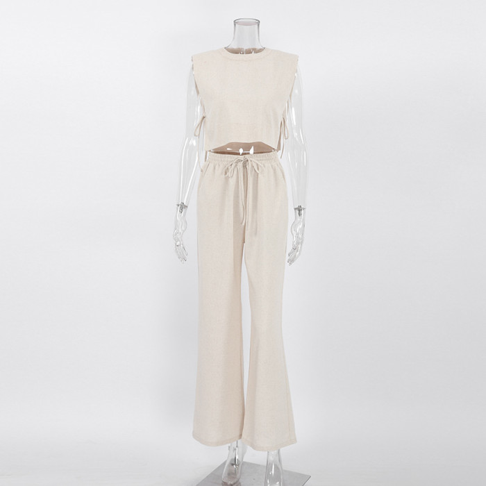 Women's Casual Solid Color Cotton and Linen Sleeveless Top + Pants Two-piece Set