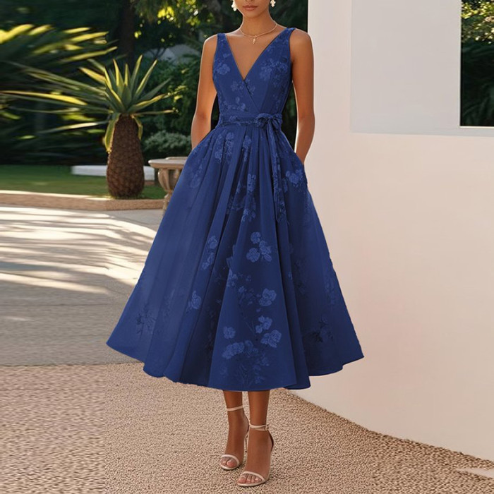 Women's Elegant Print Sexy V-Neck Backless Sleeveless Ball Gown Midi Dress