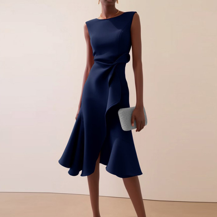 Women's Elegant Solid Color Slim Fit Ruffled Irregular Dress