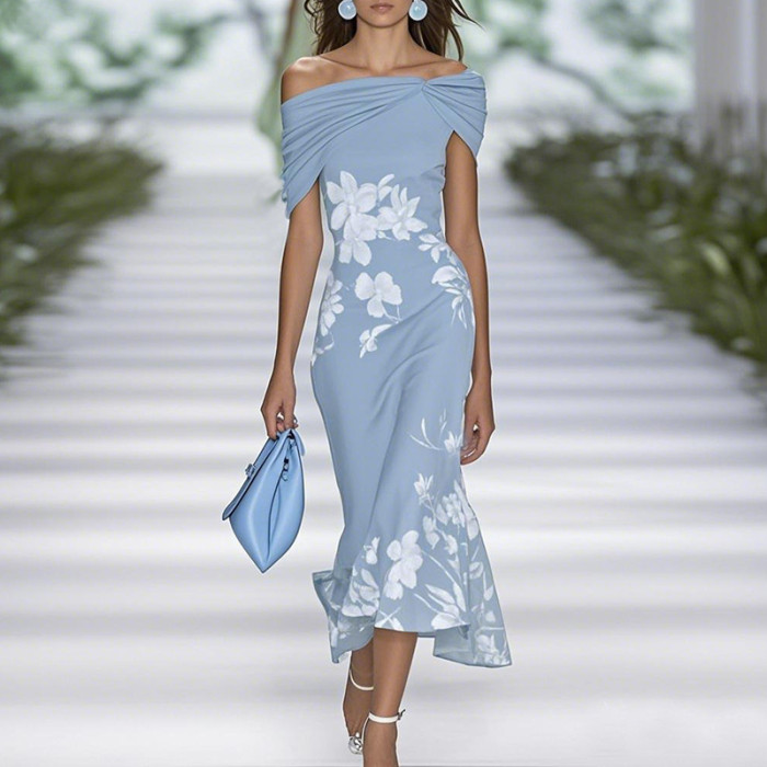 Women's Off-The-Shoulder Floral Print Fitted Midi Dress