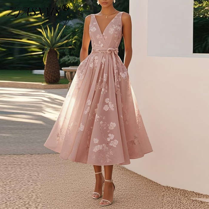 Women's Elegant Print Sexy V-Neck Backless Sleeveless Ball Gown Midi Dress