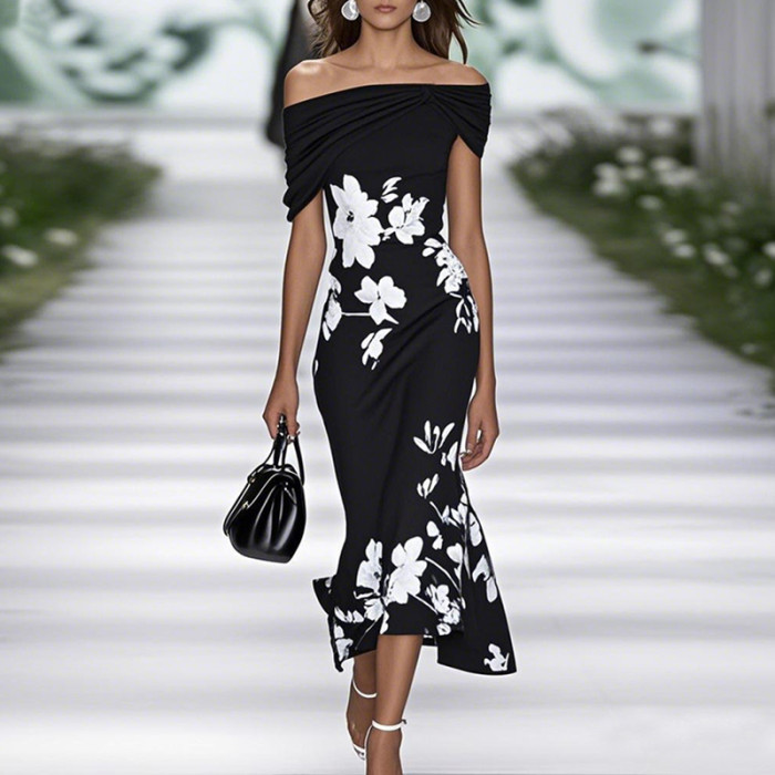 Women's Off-The-Shoulder Floral Print Fitted Midi Dress