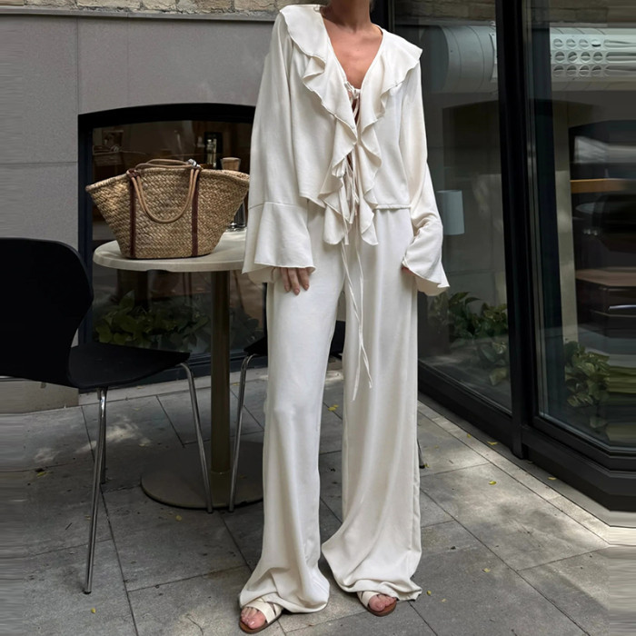 Women's Fashion Solid Color Elegant V-neck Top + Wide-leg Pants Two-piece Set