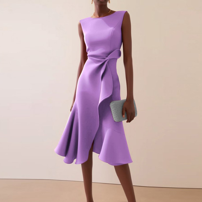 Women's Elegant Solid Color Slim Fit Ruffled Irregular Dress