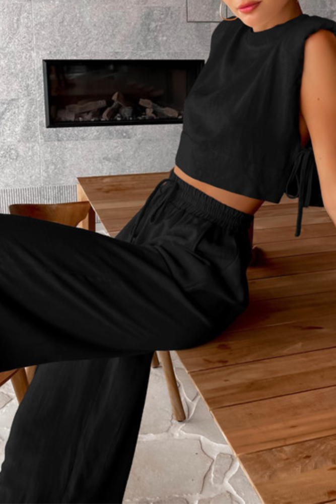 Women's Casual Solid Color Cotton and Linen Sleeveless Top + Pants Two-piece Set
