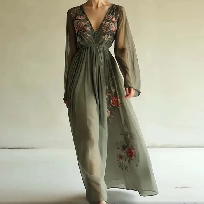 Women's Retro Floral Print V-Neck Ethnic Style Long Sleeve Fashion Maxi Dress