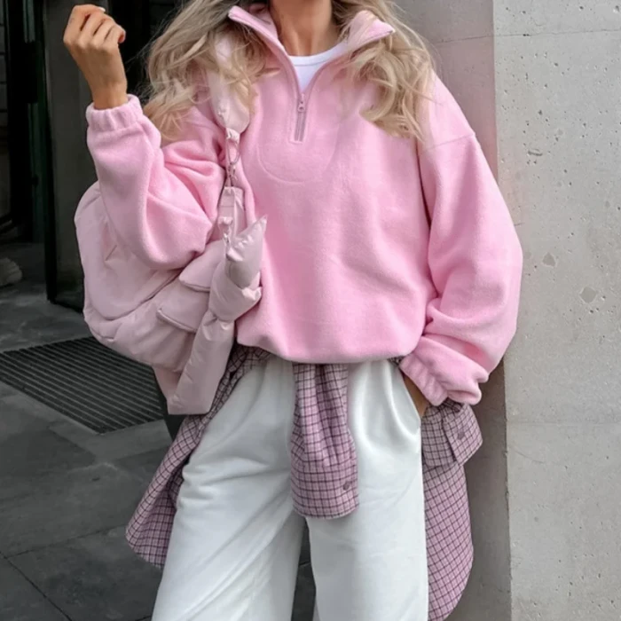 Women's Fashion Casual Loose Lapel Solid Color Sweatshirt