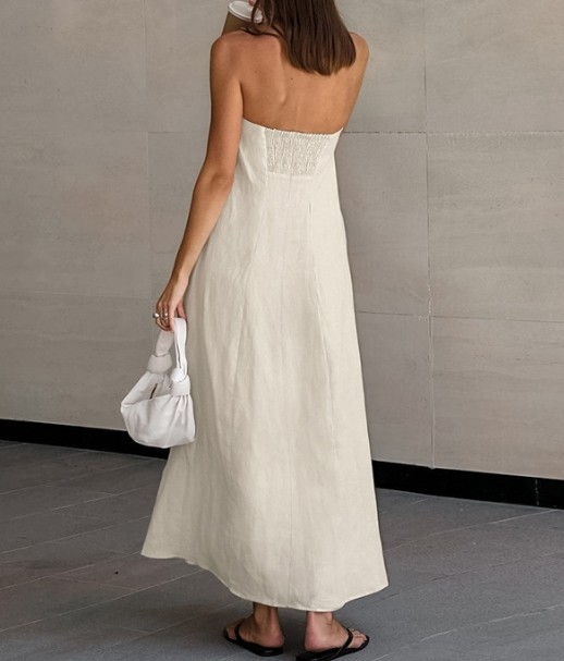 Elegant Fashion Off Shoulder Sexy Holiday Cotton and Linen Dress