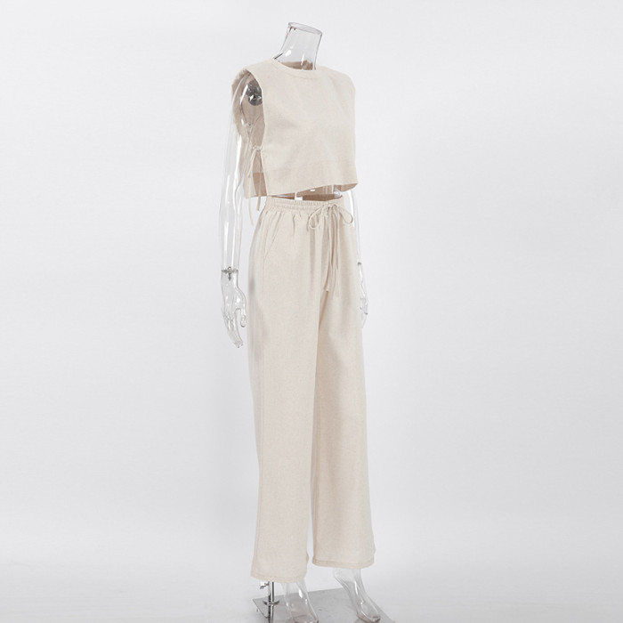 Women's Casual Solid Color Cotton and Linen Sleeveless Top + Pants Two-piece Set