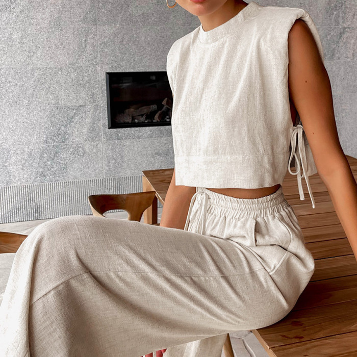 Women's Casual Solid Color Cotton and Linen Sleeveless Top + Pants Two-piece Set