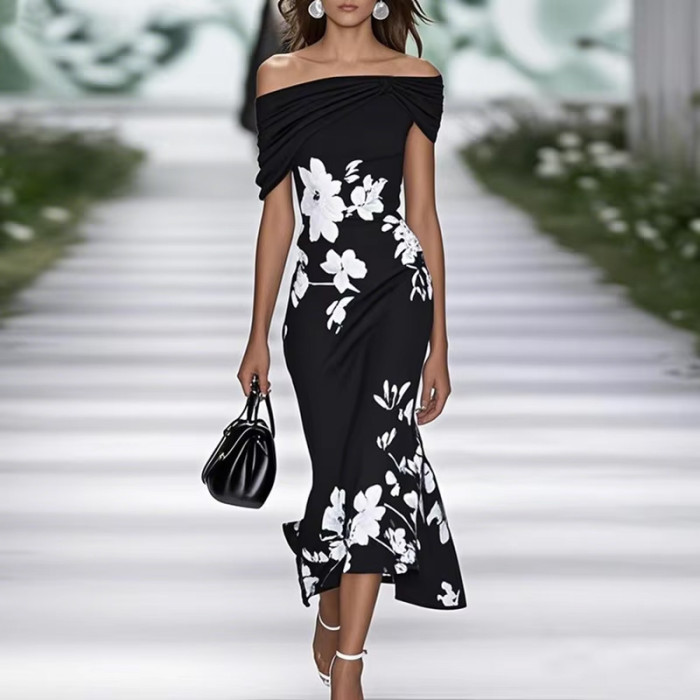 Women's Off-The-Shoulder Floral Print Fitted Midi Dress