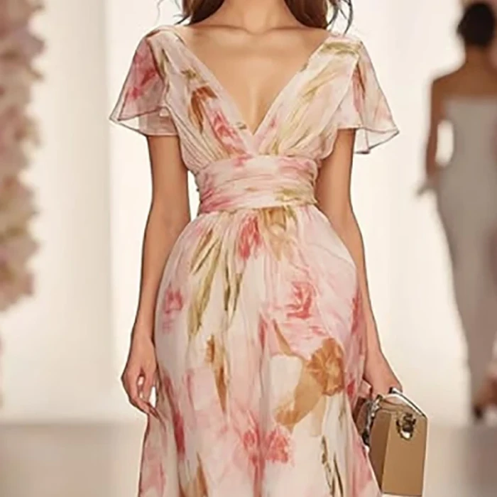 Women's Fashion Floral Print Elegant V Neck Maxi Dress