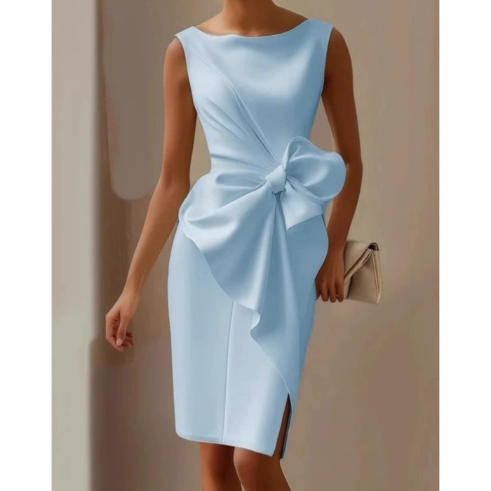 Women's Fashion Bowknot Solid Color Elegant Slim Midi Dress