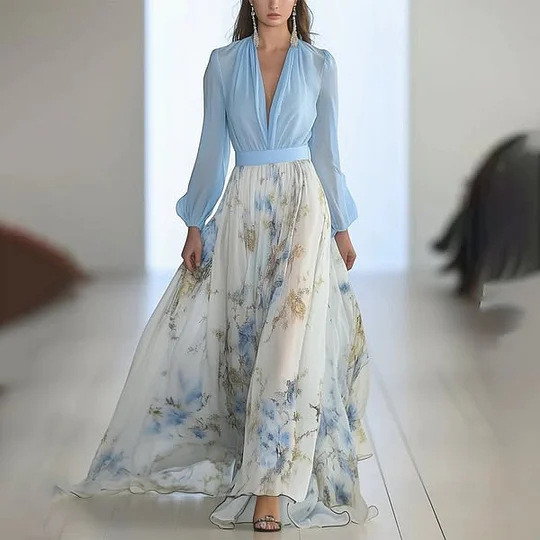 Women's Elegant Fashion Floral Print V-Neck Casual Maxi Dress