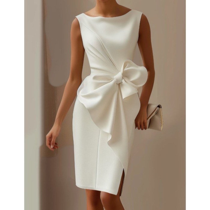 Women's Fashion Bowknot Solid Color Elegant Slim Midi Dress