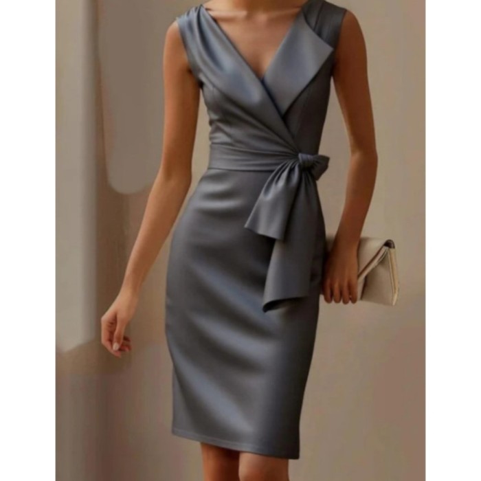 Women's Fashion Bowknot Solid Color Elegant Slim Midi Dress