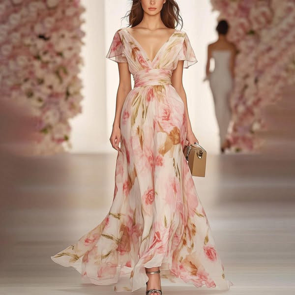 Women's Fashion Floral Print Elegant V Neck Maxi Dress