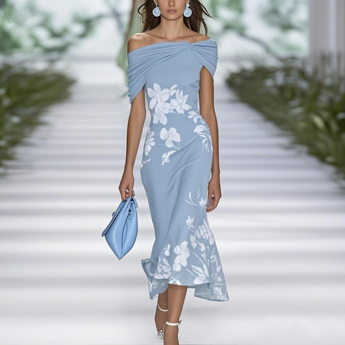 Women's Off-The-Shoulder Floral Print Fitted Midi Dress