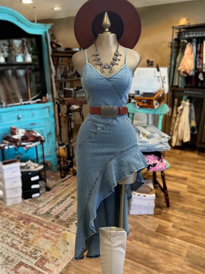 Women's Fashion Sexy V-neck Slim Fit Ruffle Sleeveless Denim Dress