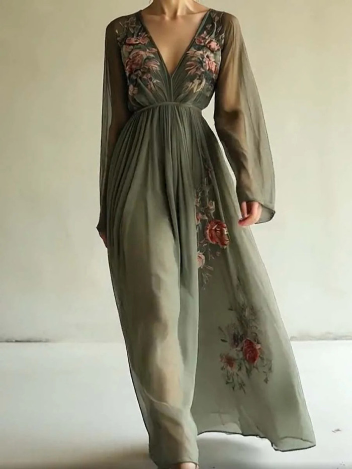 Women's Retro Floral Print V-Neck Ethnic Style Long Sleeve Fashion Maxi Dress