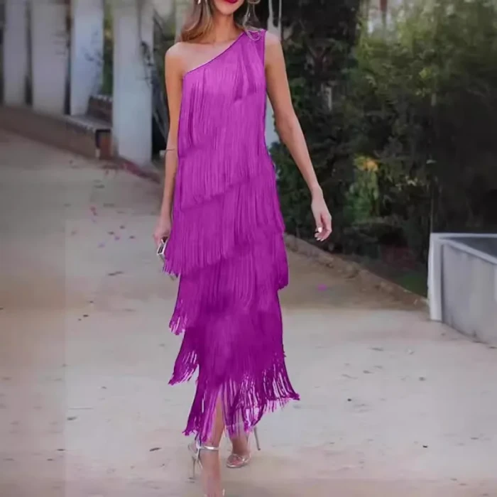 Women's Fashion Slim Fit Solid Color Tassel Sleeveless Maxi Dress