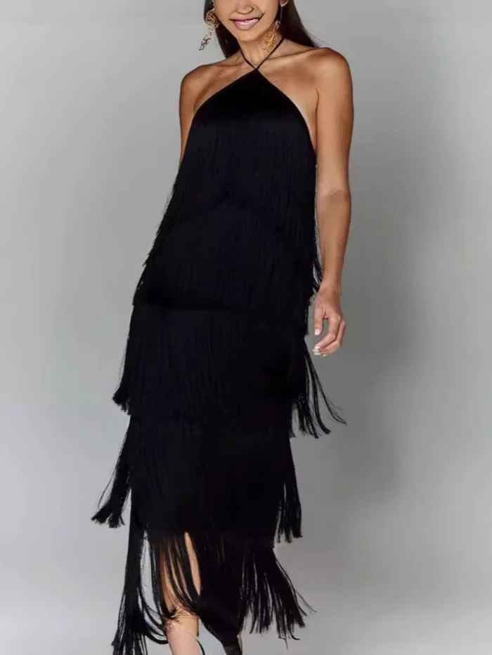 Women's Elegant Open Back Metallic Tassel Slip Dress