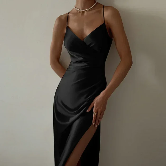 Women's Fashion Satin Sexy Solid Color Suspender Long Dress
