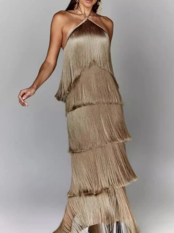 Women's Elegant Open Back Metallic Tassel Slip Dress