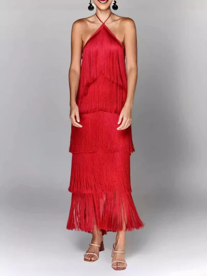 Women's Elegant Open Back Metallic Tassel Slip Dress
