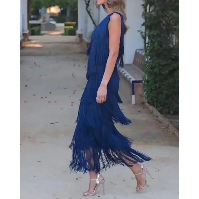 Women's Fashion Slim Fit Solid Color Tassel Sleeveless Maxi Dress