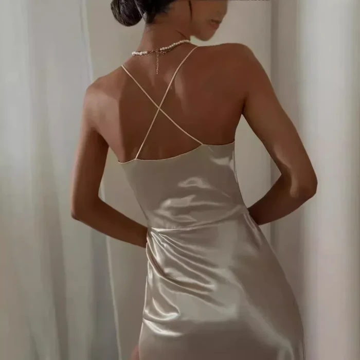 Women's Fashion Satin Sexy Solid Color Suspender Long Dress