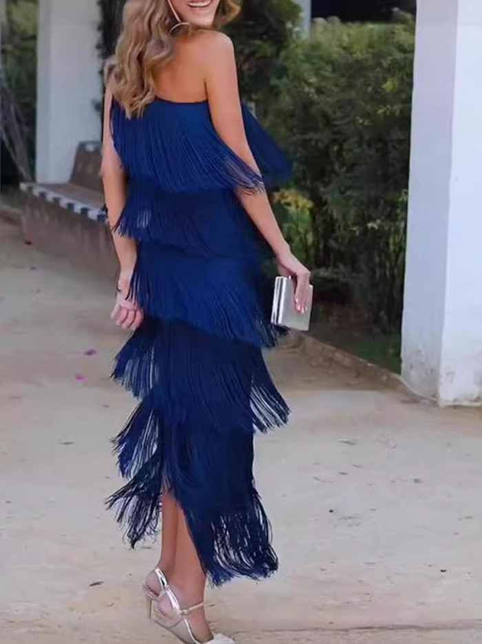 Women's Fashion Slim Fit Solid Color Tassel Sleeveless Maxi Dress