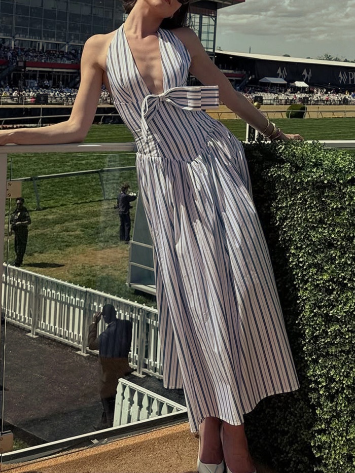 Women's Elegant Blue Striped V-Neck Halter Midi Dress
