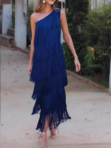 Women's Fashion Slim Fit Solid Color Tassel Sleeveless Maxi Dress
