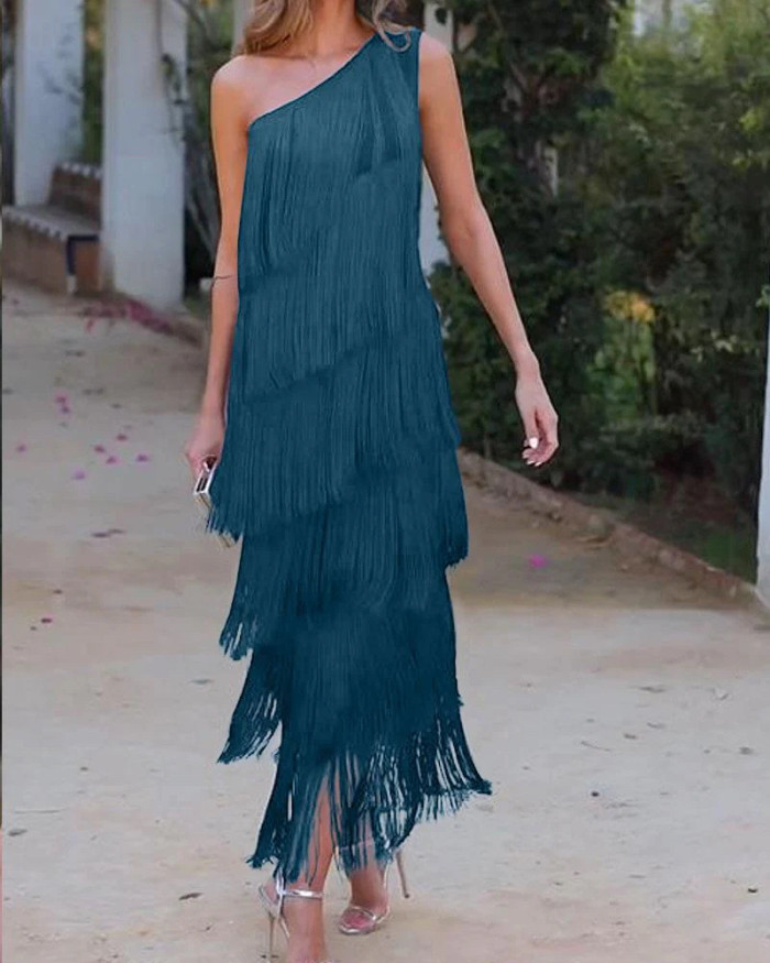 Women's Fashion Slim Fit Solid Color Tassel Sleeveless Maxi Dress