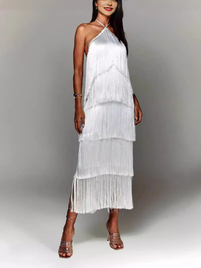 Women's Elegant Open Back Metallic Tassel Slip Dress