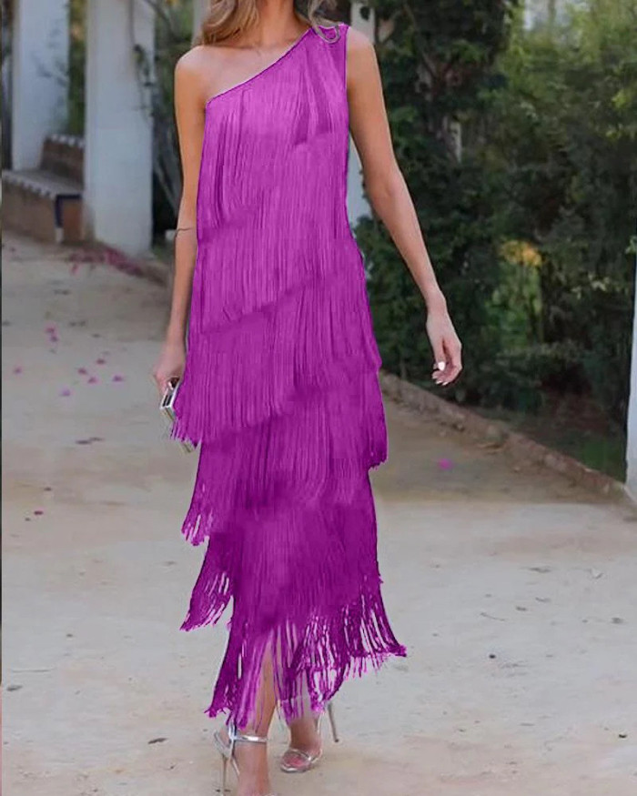 Women's Fashion Slim Fit Solid Color Tassel Sleeveless Maxi Dress