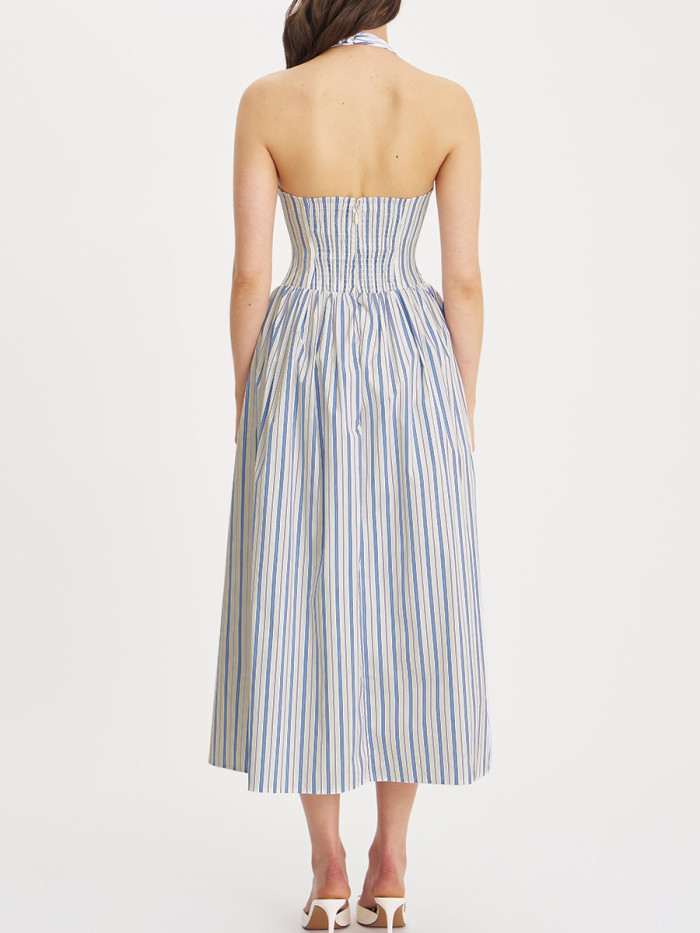 Women's Elegant Blue Striped V-Neck Halter Midi Dress