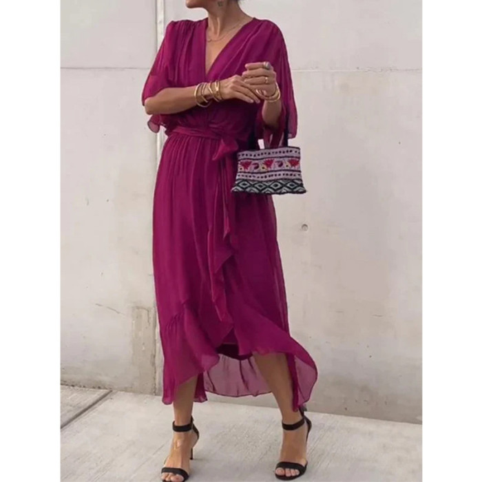 2025 New Women's Solid Color Belted Maxi Dress - Batwing Sleeve Asymmetrical Hem Casual Elegant Long Dress Boho Chic Style