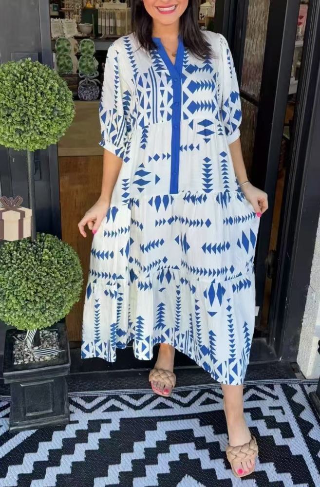 Women's 2025 New Floral Print Boho Shirt Dress Sexy V-Neck 3/4 Sleeve Button Down Maxi Dress