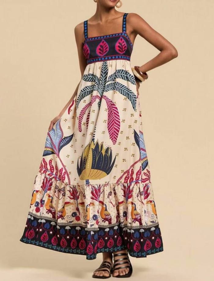 2025 Summer Women's Boho Strappy Dress - Floral Print Vacation Sundress Casual Beach Maxi Dress with Elastic Waist