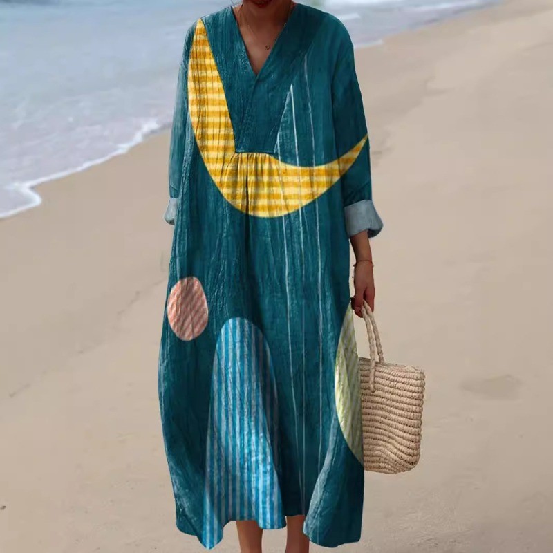 Women's Floral Print Long Sleeve Shirt Dress - Casual Loose V-Neck Beach Sundress Summer Maxi Dress