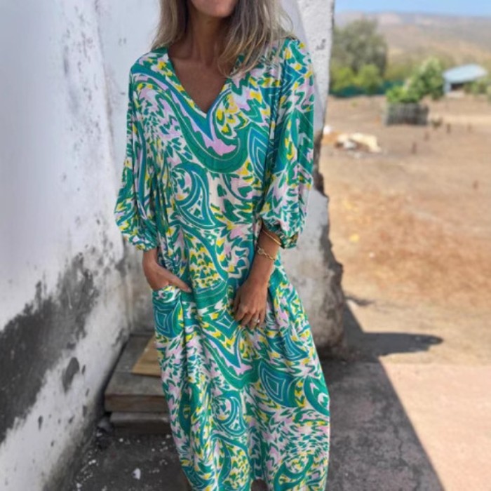 2025 Spring Summer Women's V-Neck Leopard Print Dress - Relaxed Fit 3/4 Sleeve Pocket Dress Casual Elegant Tunic Maxi